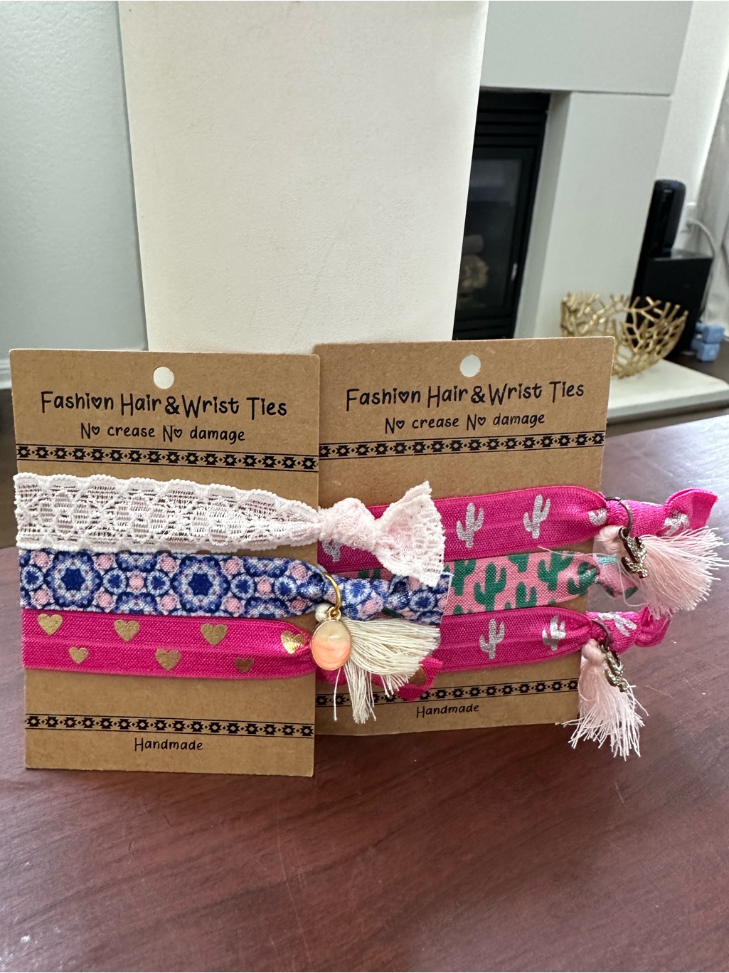 Handmade Pink & White Fashion Hair & Wrist Ties - 2 Packs Of Mixed W/Charms